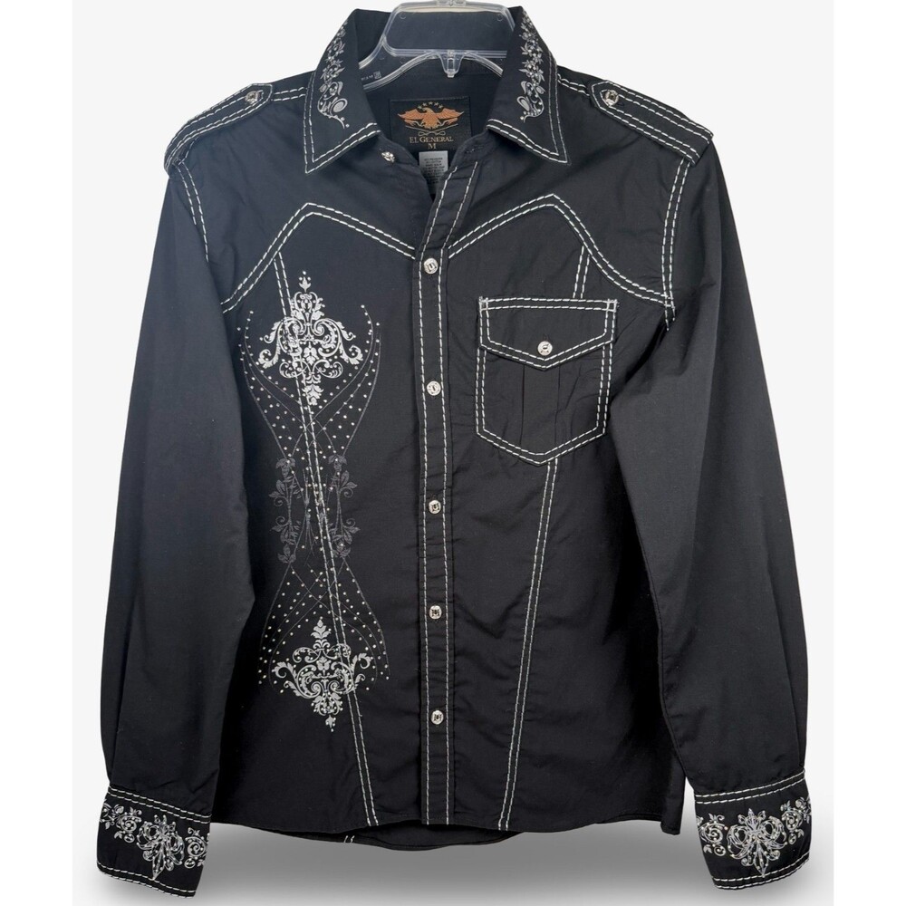 Y2K El General Ornate Rhinestone Western Cowboy Rodeo Pocket Black Shirt Medium
